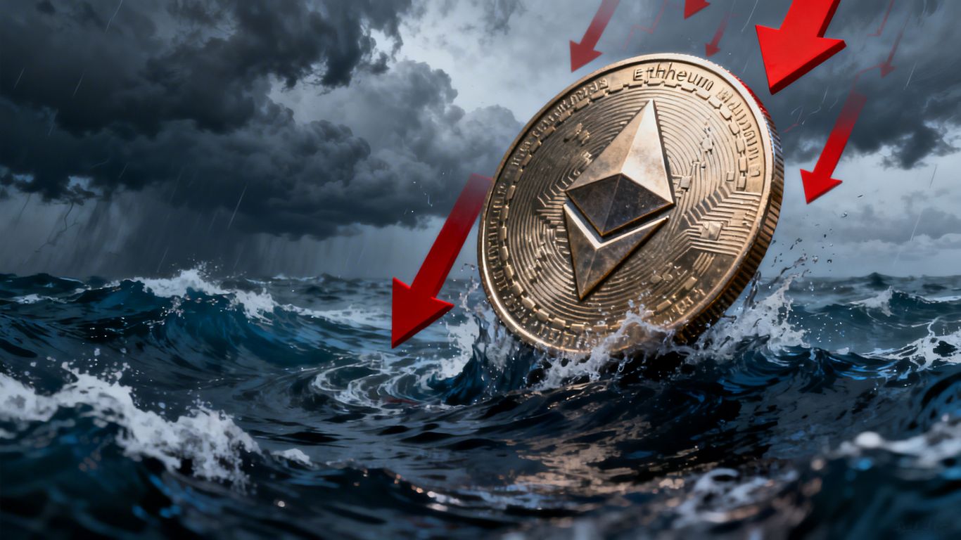 Ethereum coin falling amidst market uncertainty and price slump.