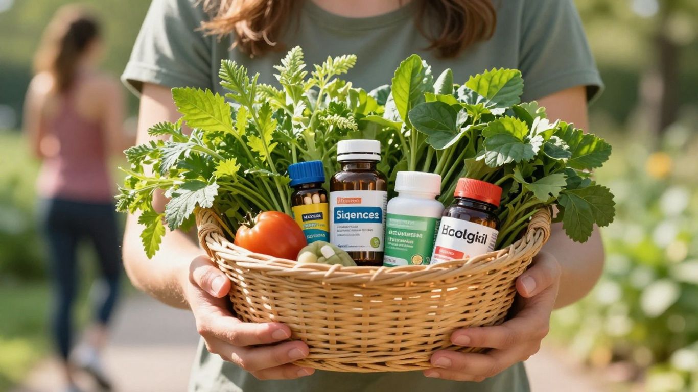 Herbalife products and fresh herbs in a basket.