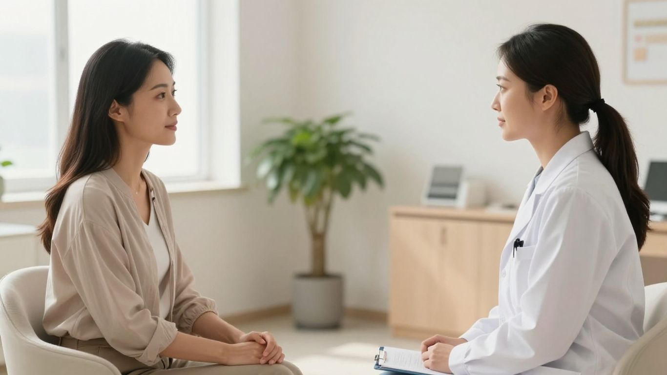 Mulher conversando com médica em consultório acolhedor
