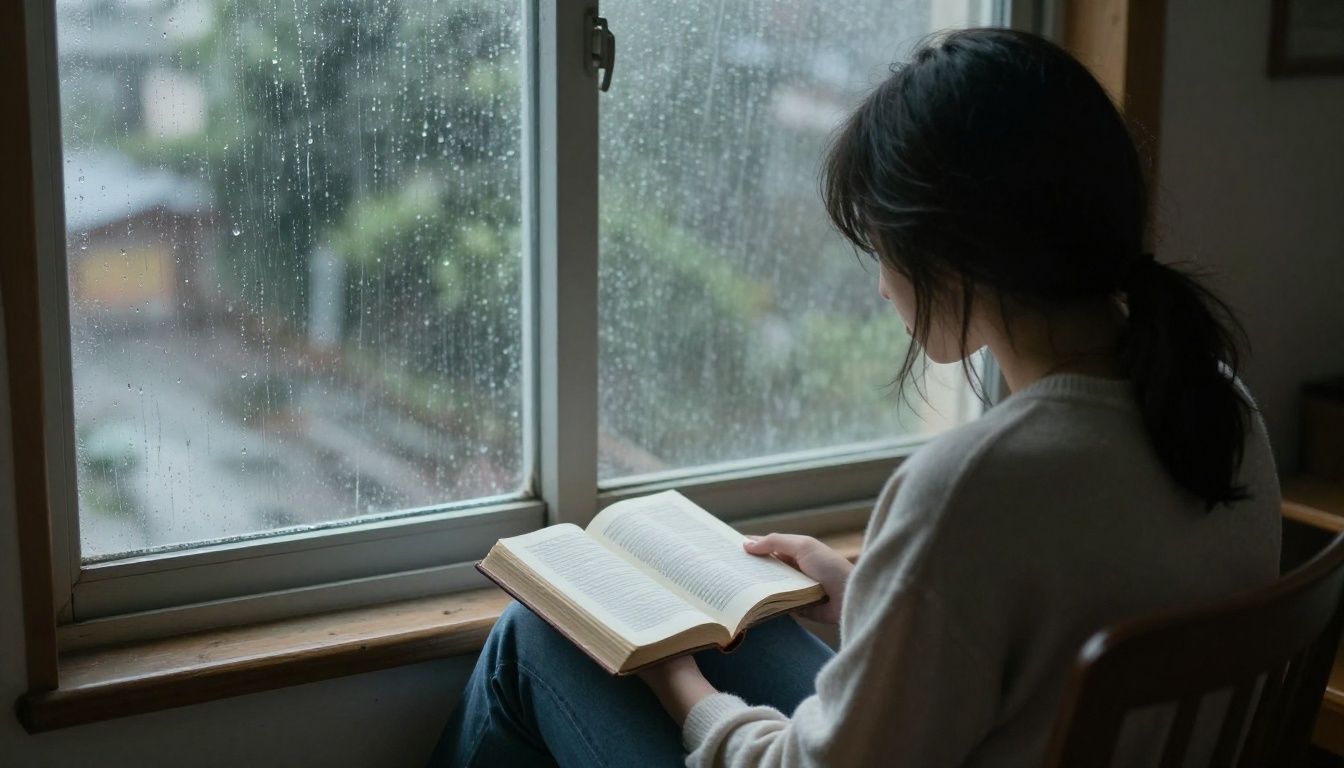 A person sits alone on a window seat, looking out a rain-streaked window with a Bible open on their lap, conveying a sense of quiet reflection and loneliness.