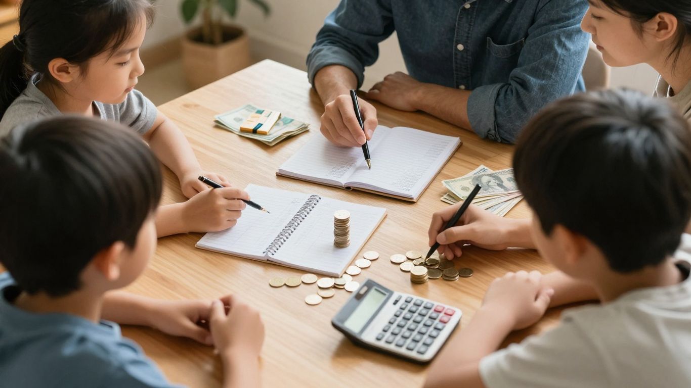 Familia planeando finanzas para el futuro.