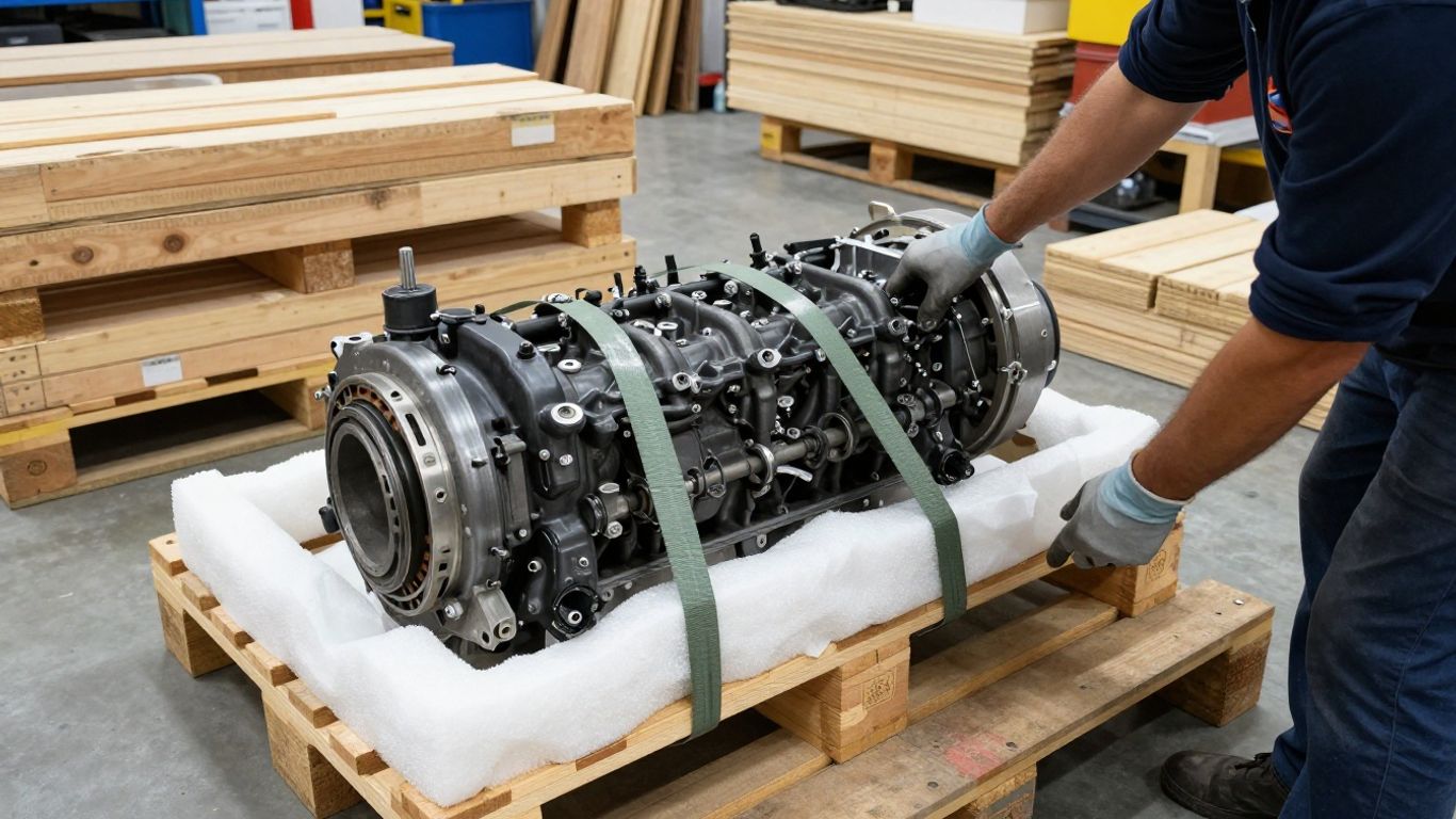 Packaged Volkswagen replacement engine ready for shipment