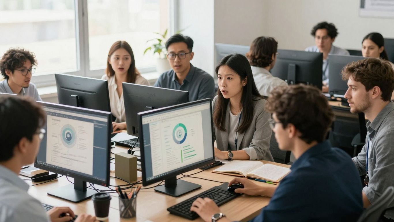 Staff learning about phishing on computer screens.