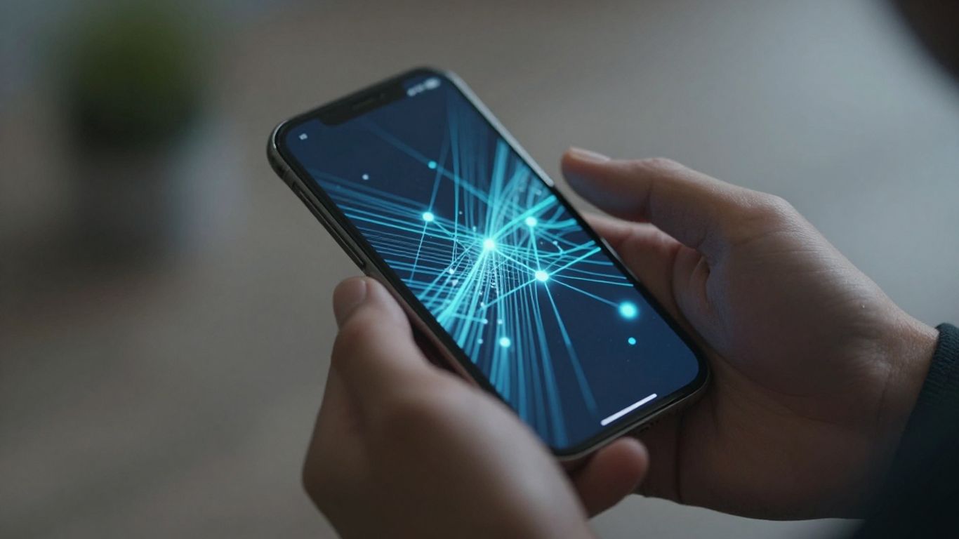 Person using a smartphone with a digital interface.