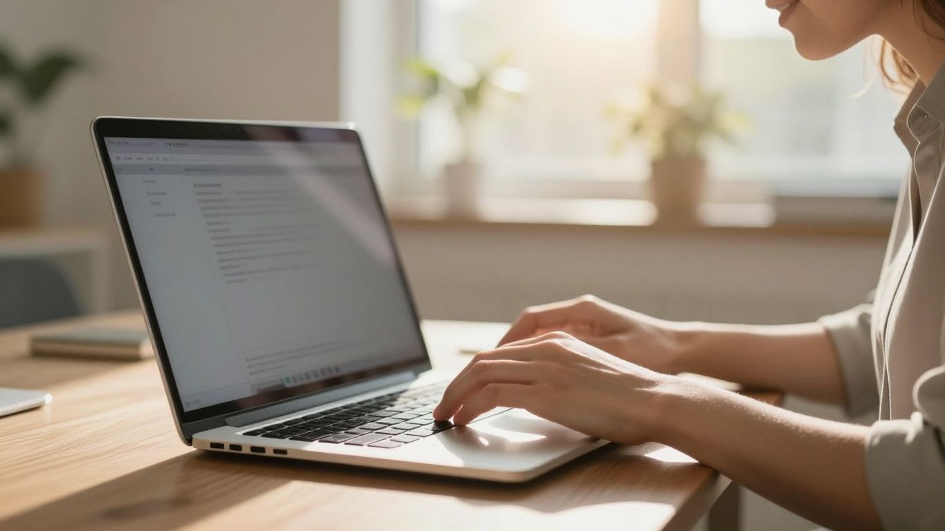 Person using a laptop with a bright, optimistic glow.