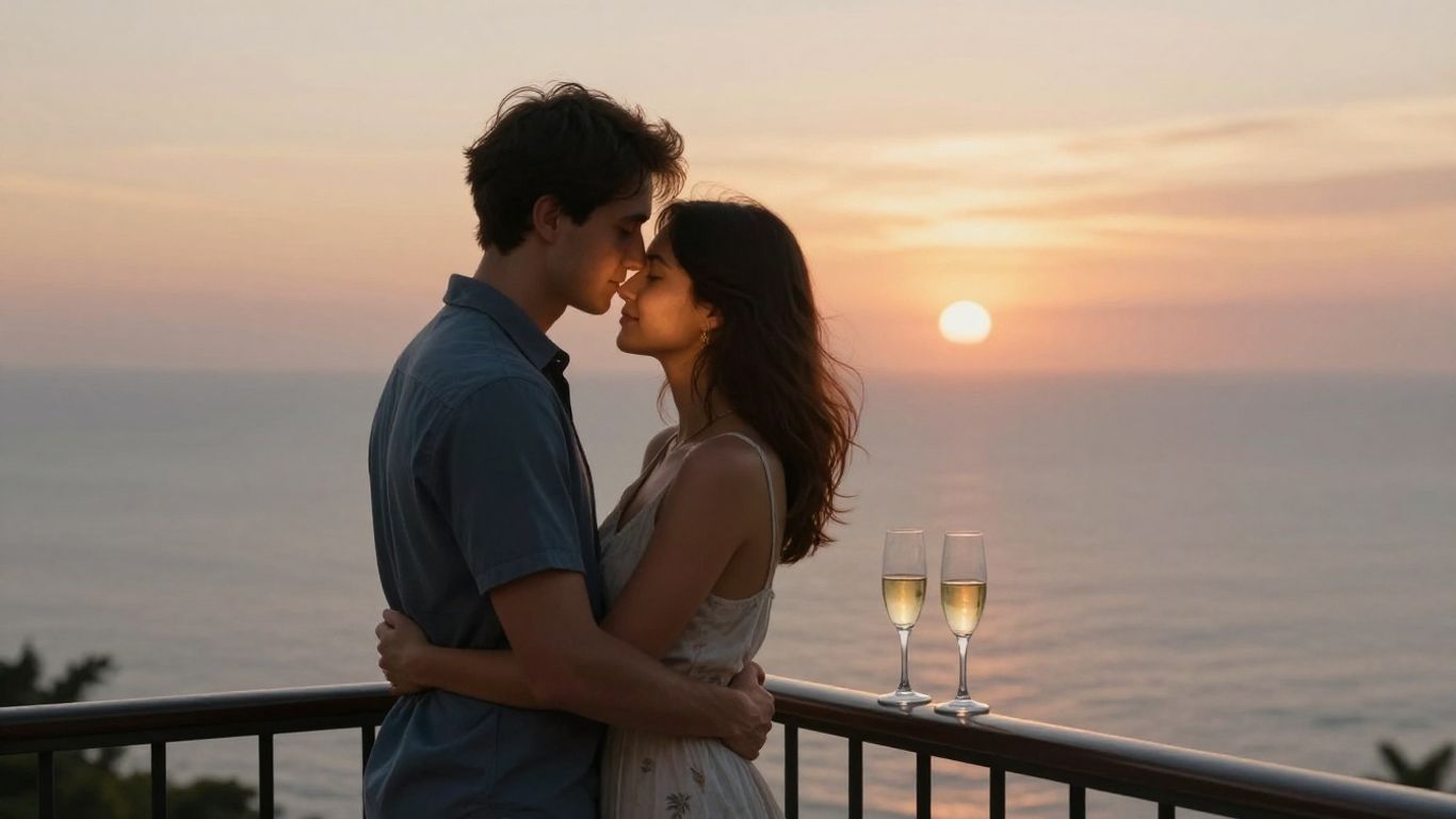 Couple célébrant un anniversaire de mariage au coucher du soleil