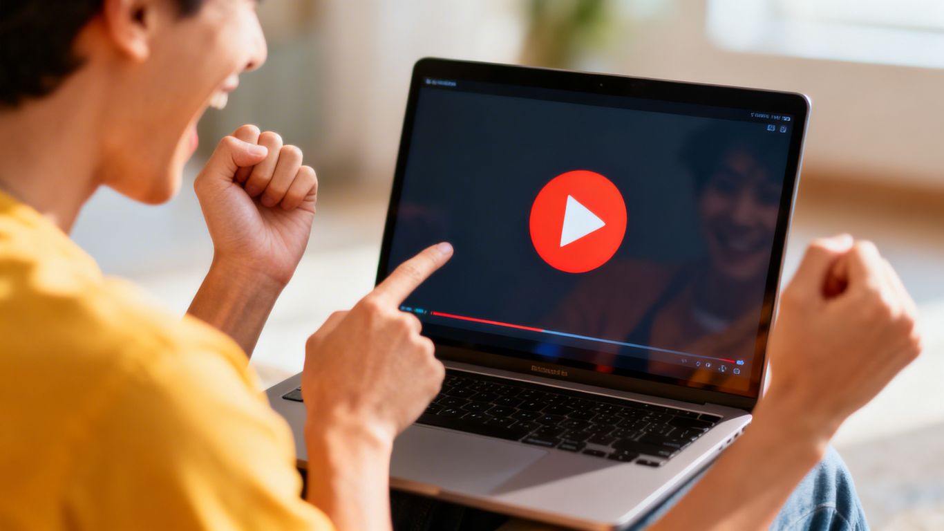 Person using laptop with video play button on screen.