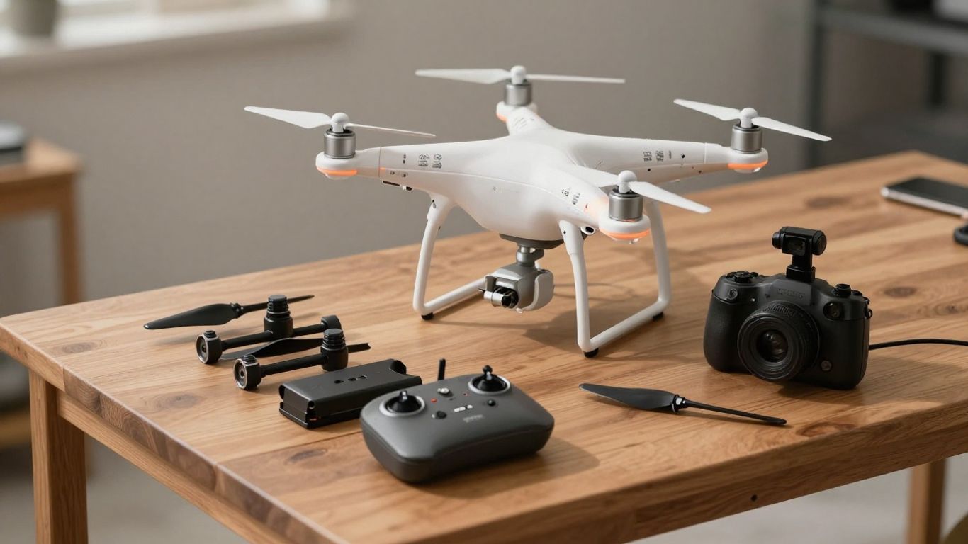 White quadcopter with camera gimbal outdoors