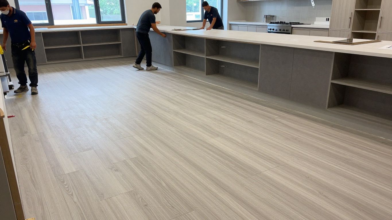 Kitchen flooring installation with new tiles.