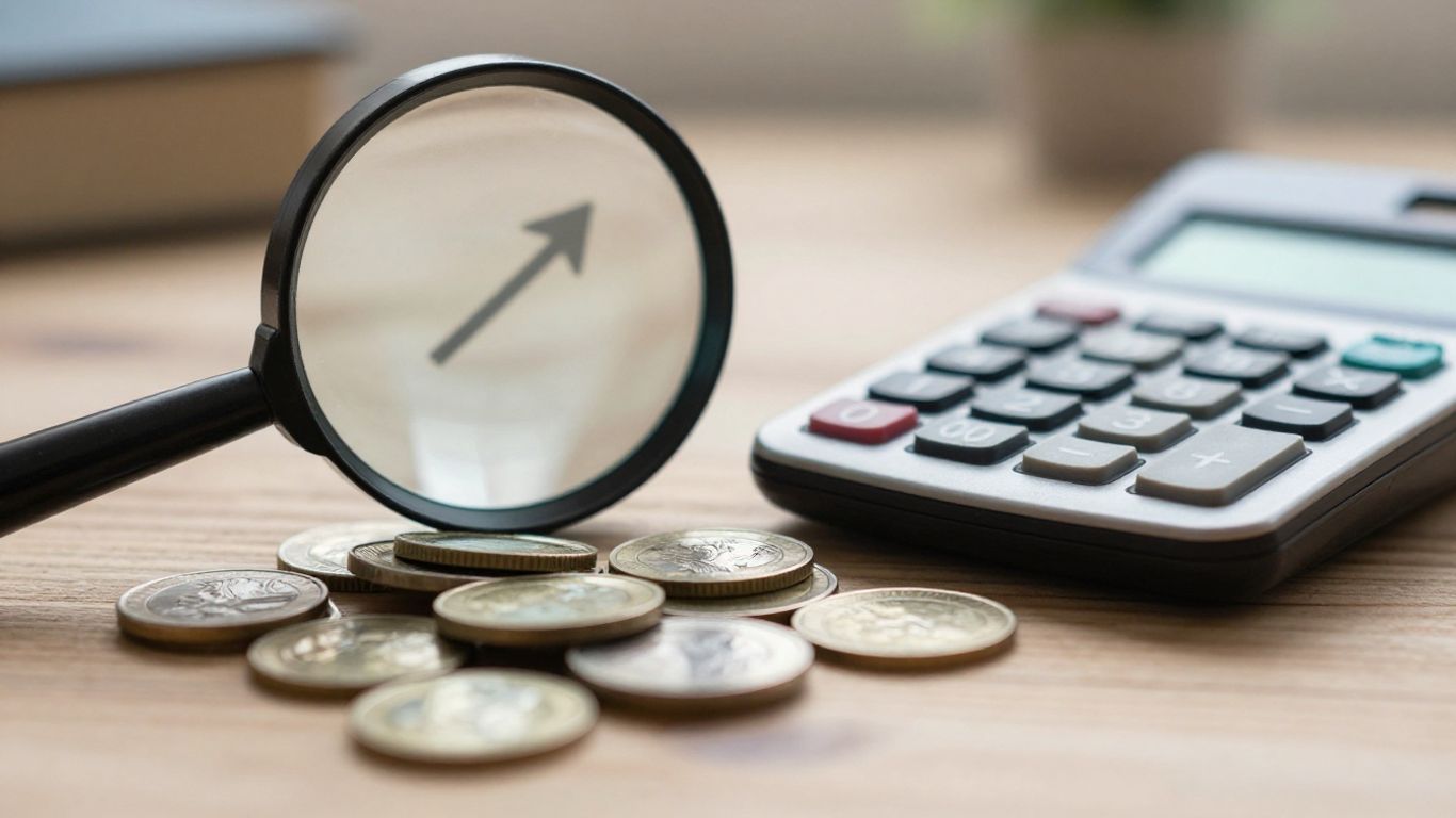 Calculator with rising arrow, coins, and magnifying glass.