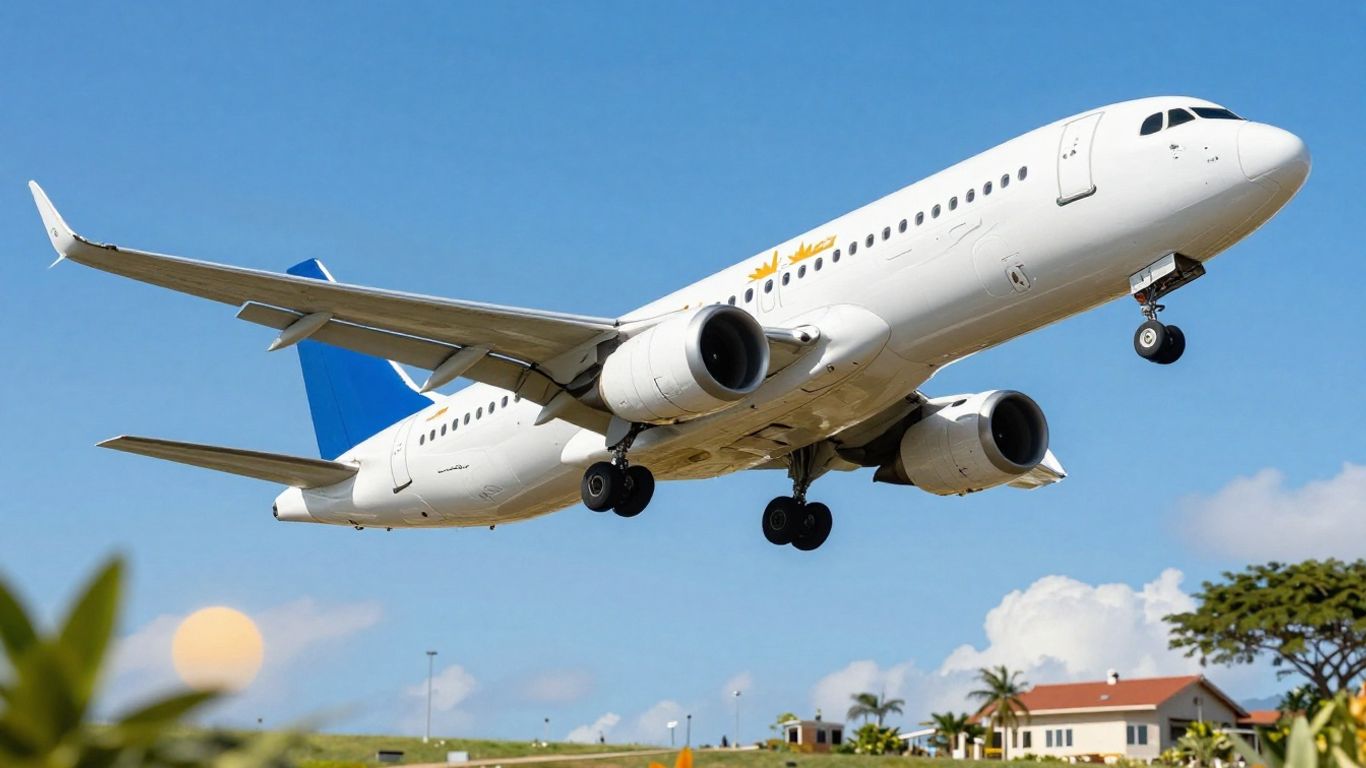 Allegiant airplane flying over a sunny destination.