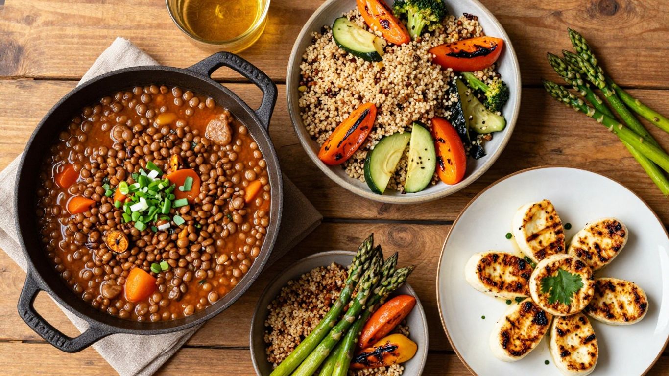 Hearty vegetarian dinner spread on a rustic table.
