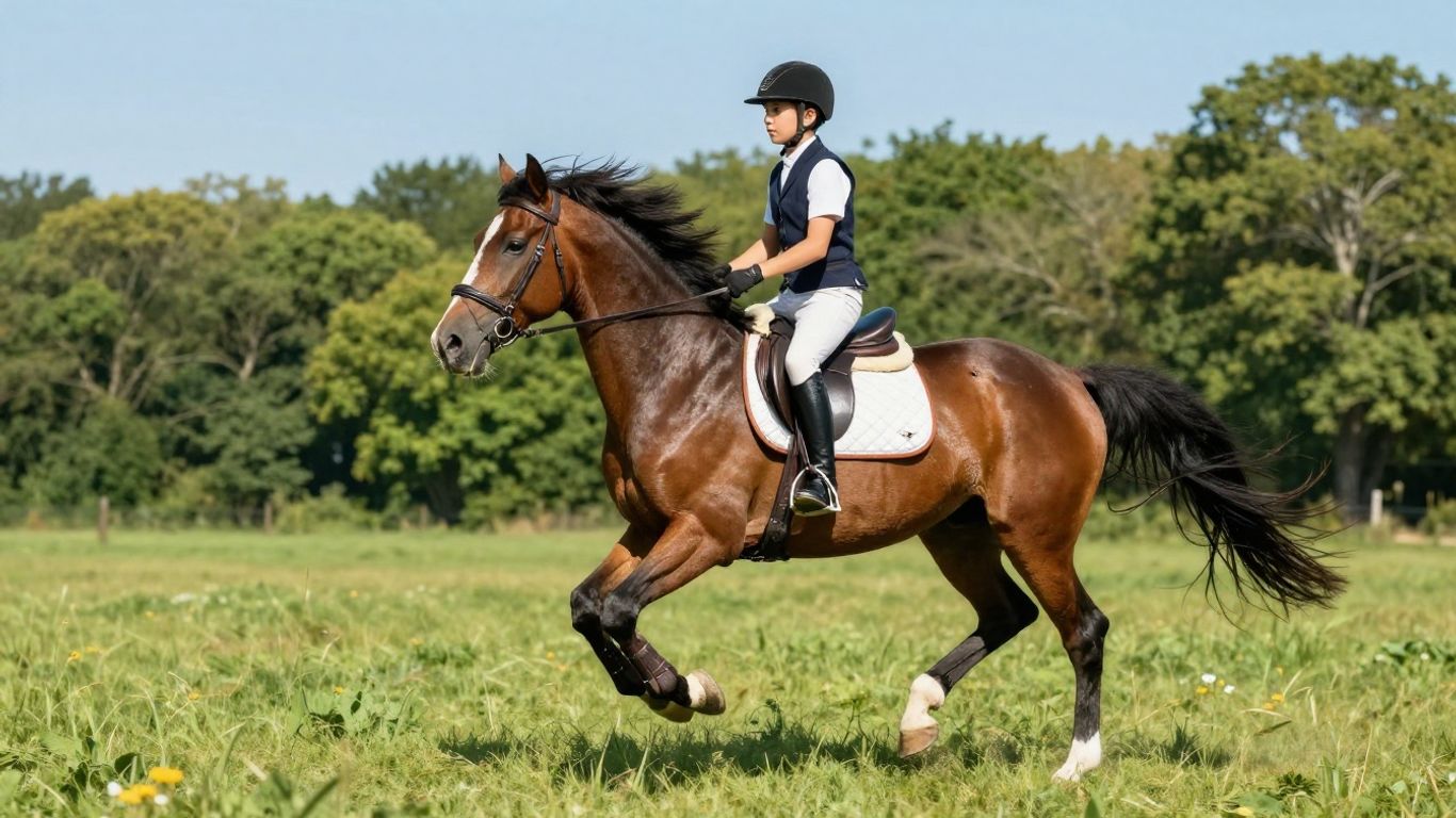 Young rider on pony galloping in field