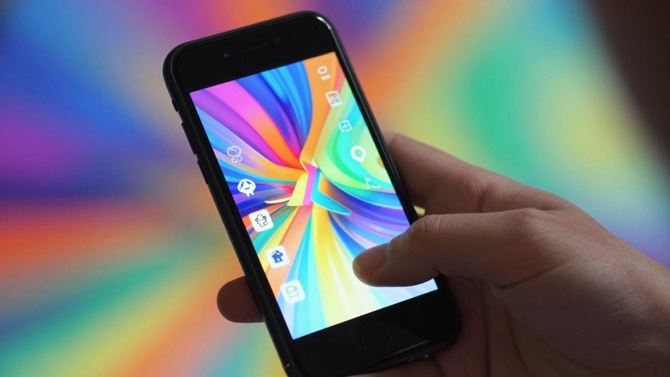 Hand holding smartphone with digital interface