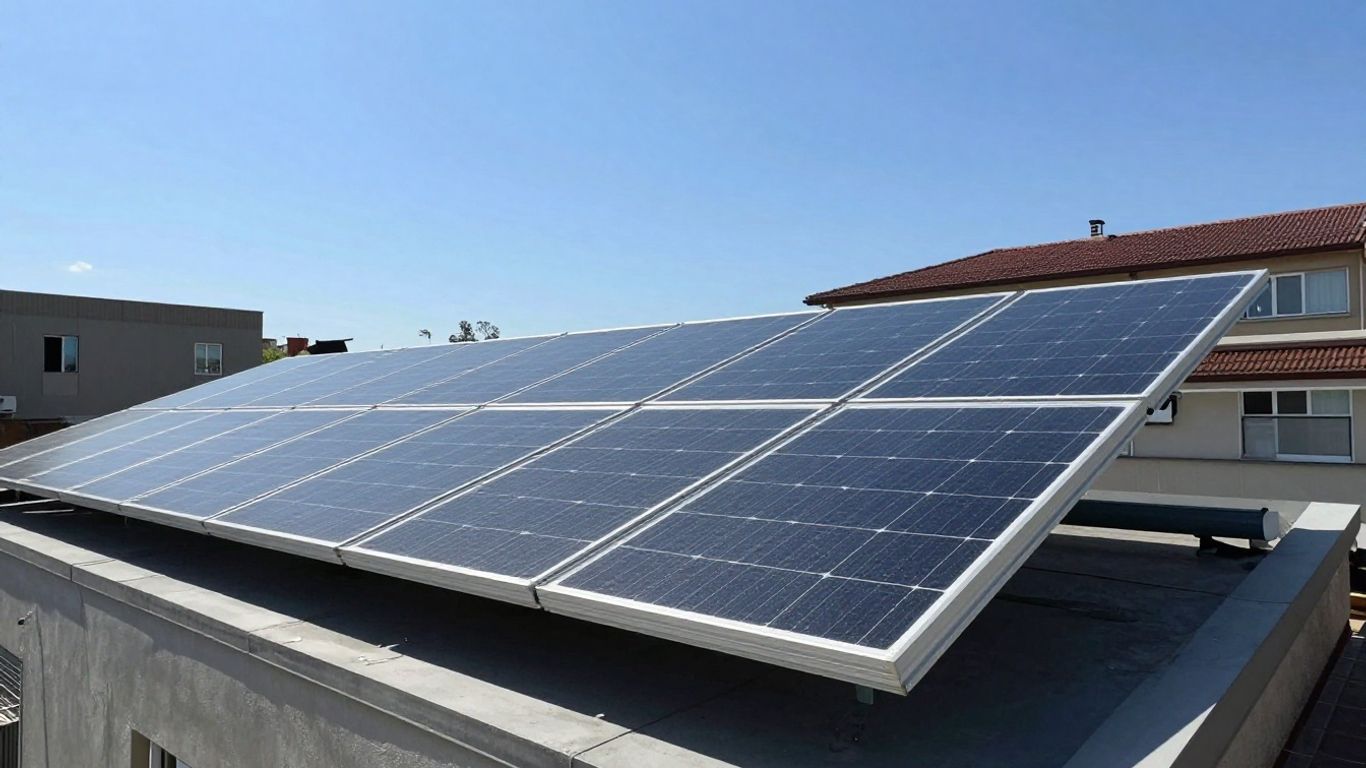 Panneaux solaires sur un toit avec le soleil brillant.
