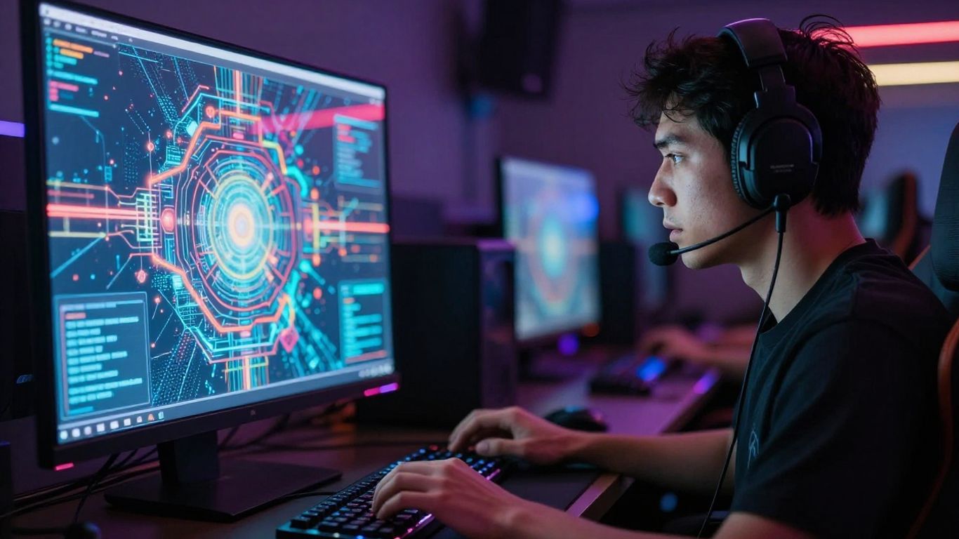 Gamer engrossed in digital world, learning finance.
