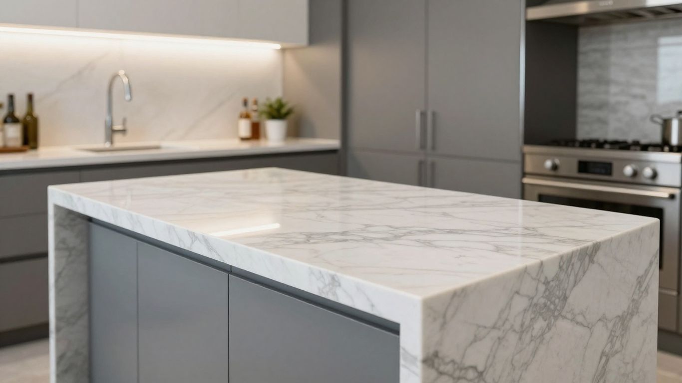 Carrara Bianco quartz countertop with elegant veining.