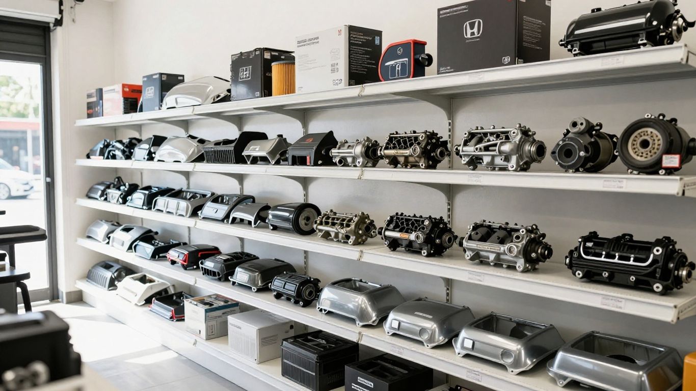 Honda parts displayed in a Brisbane auto shop.