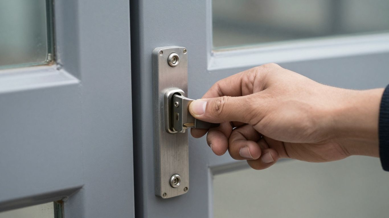 Commercial door being serviced by a technician.
