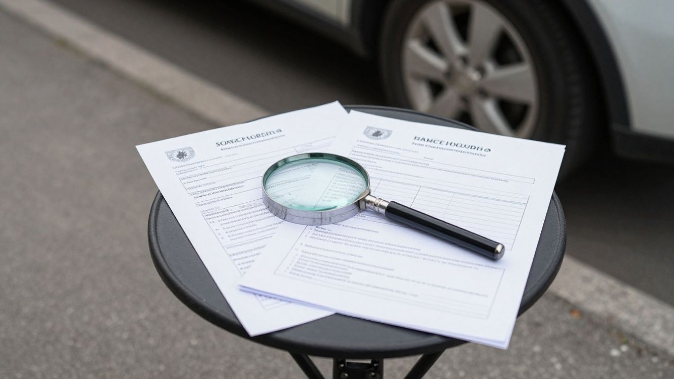 Fahrzeugpapiere neben Gebrauchtwagen prüfen