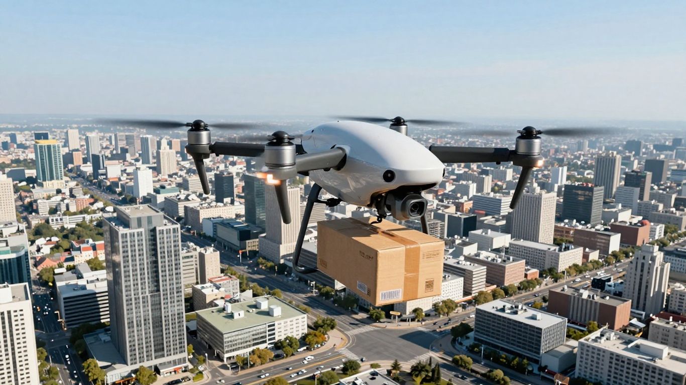 Drone delivering package over a modern city.