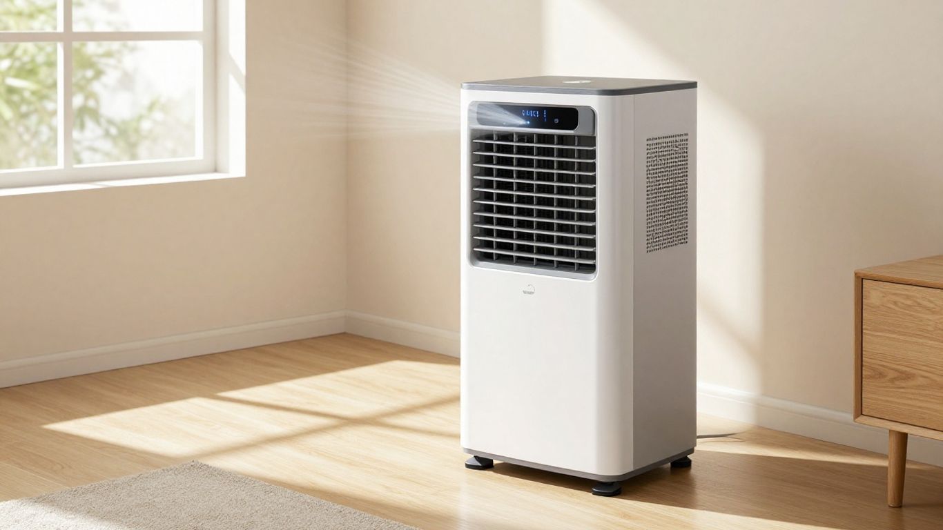 Climatiseur mobile réversible en fonctionnement dans un salon.