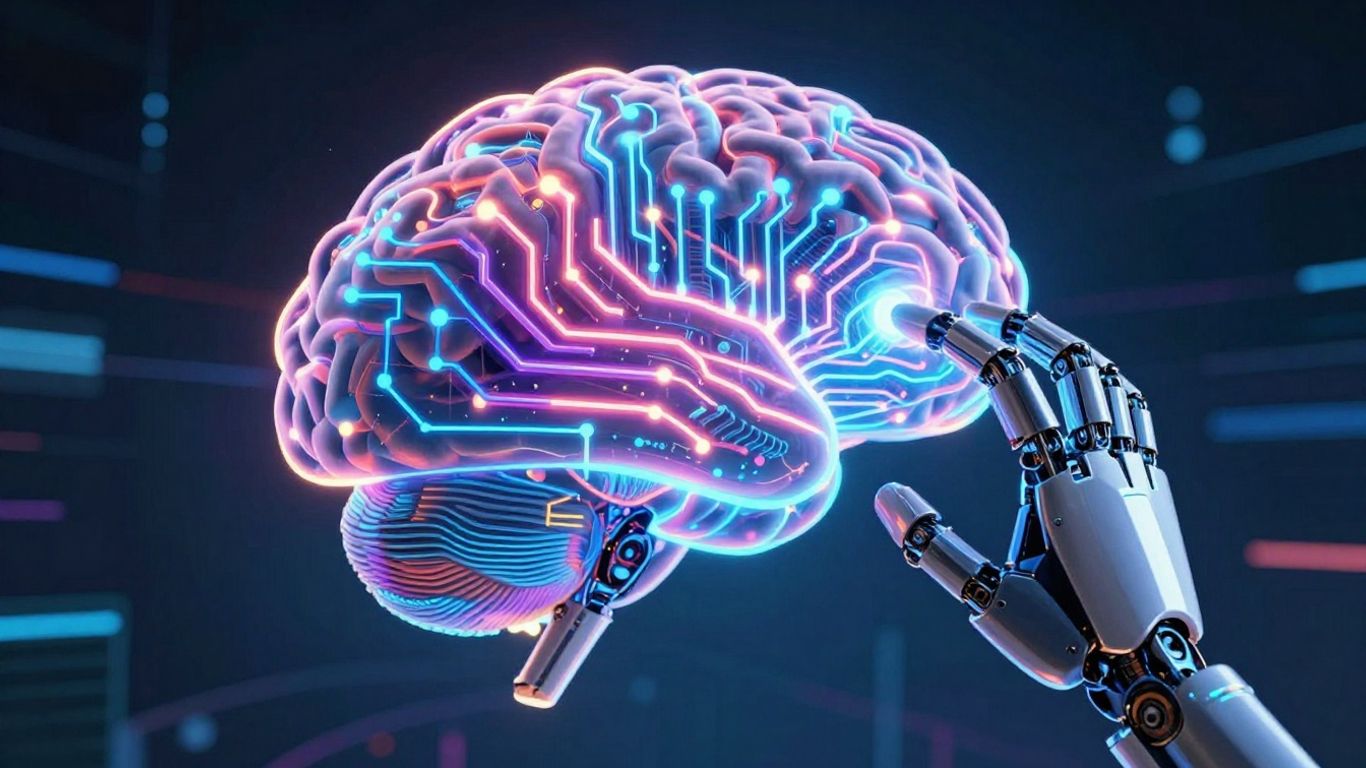 AI brain with circuitry and robotic hands