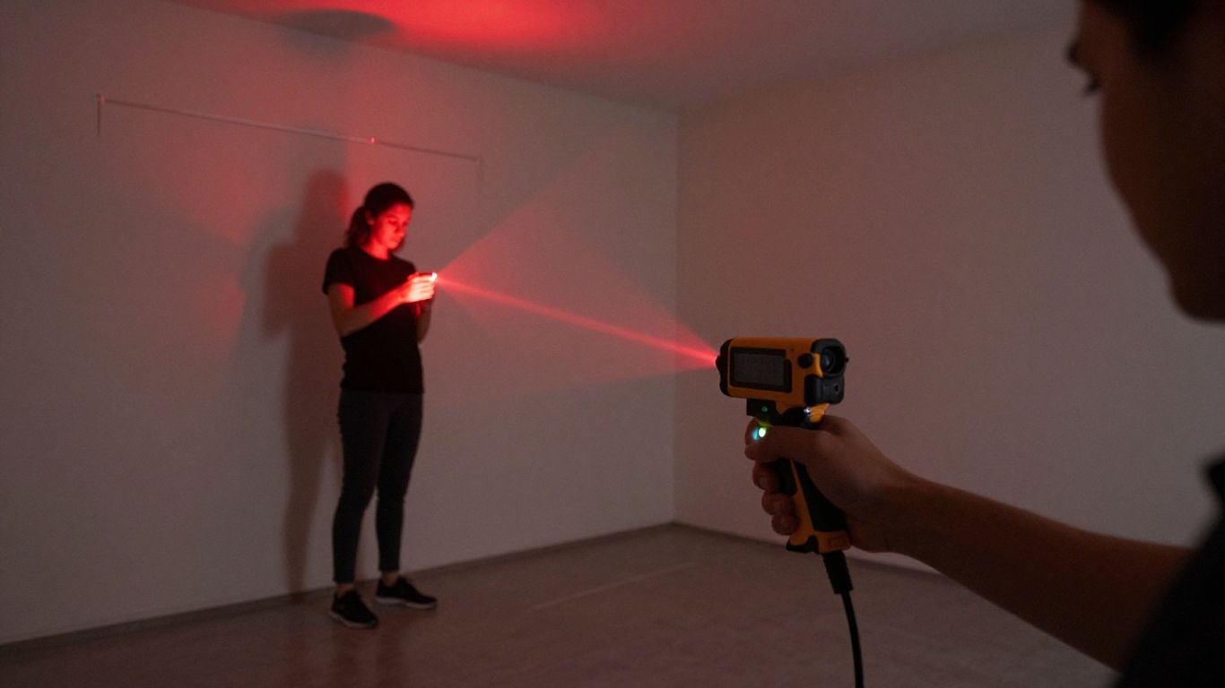 Measuring a room with a laser measure before ordering new carpet
