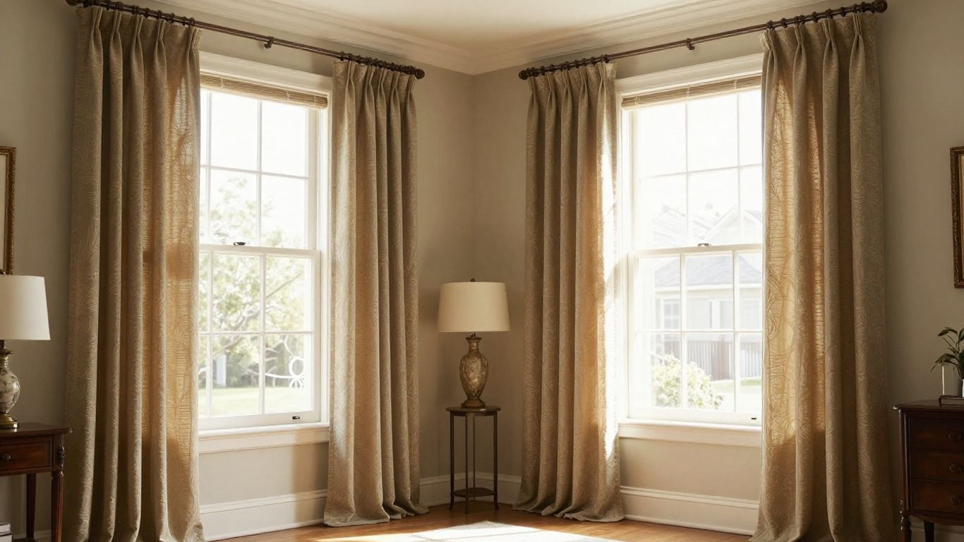 Custom window treatments in a sunlit living room.