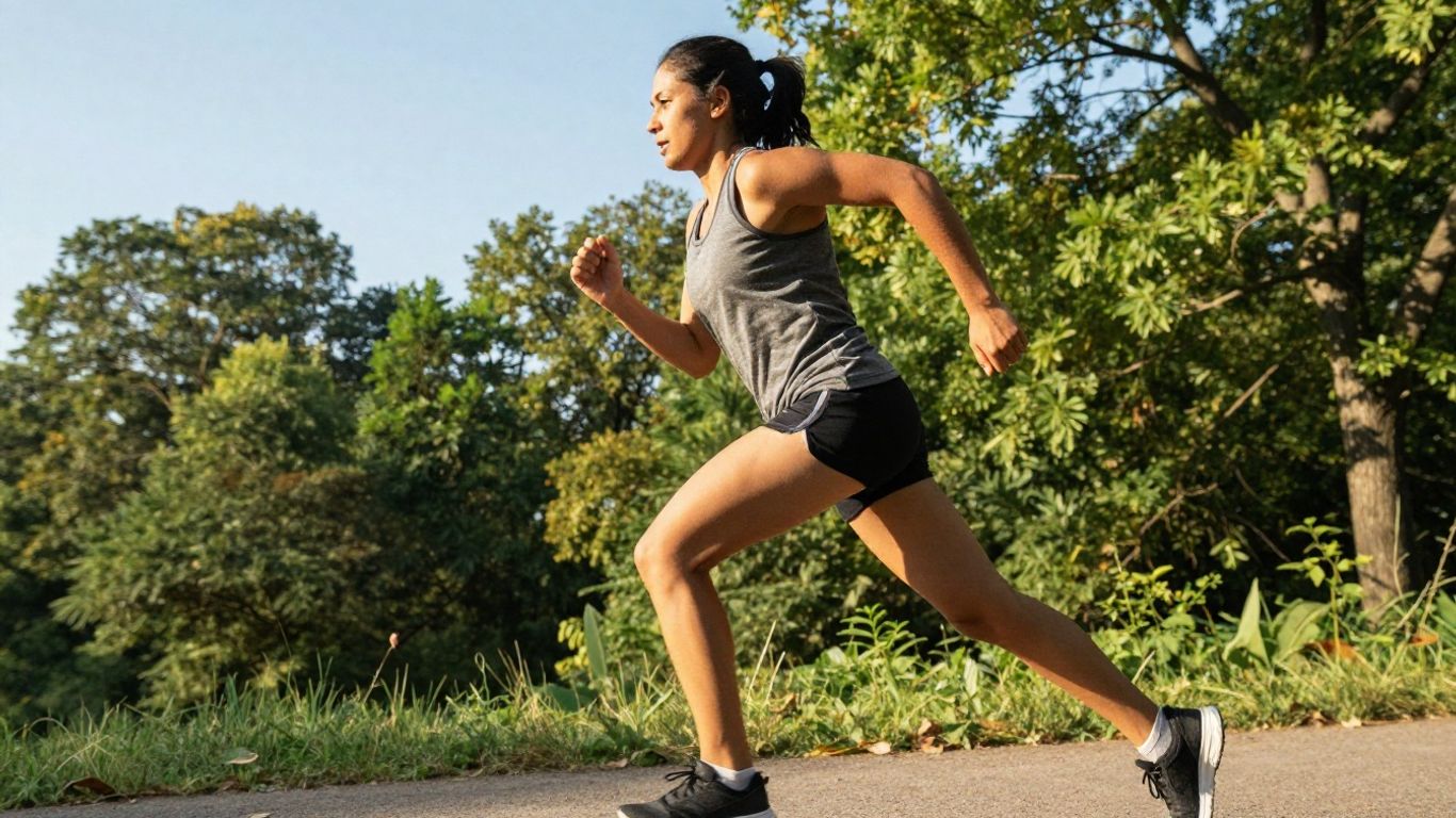 Pessoa correndo em trilha com sol.