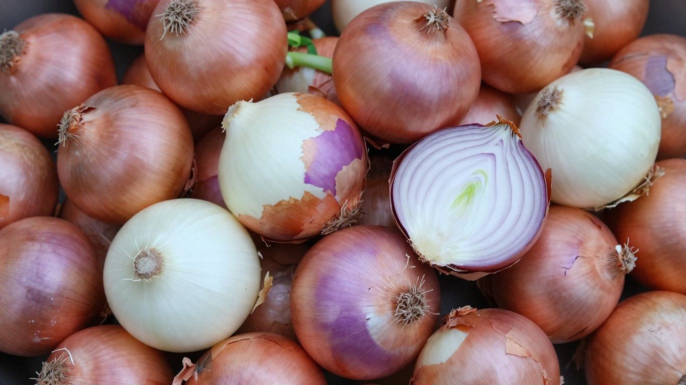 Frische Zwiebeln, ganz und halbiert, mit grünen Spitzen.