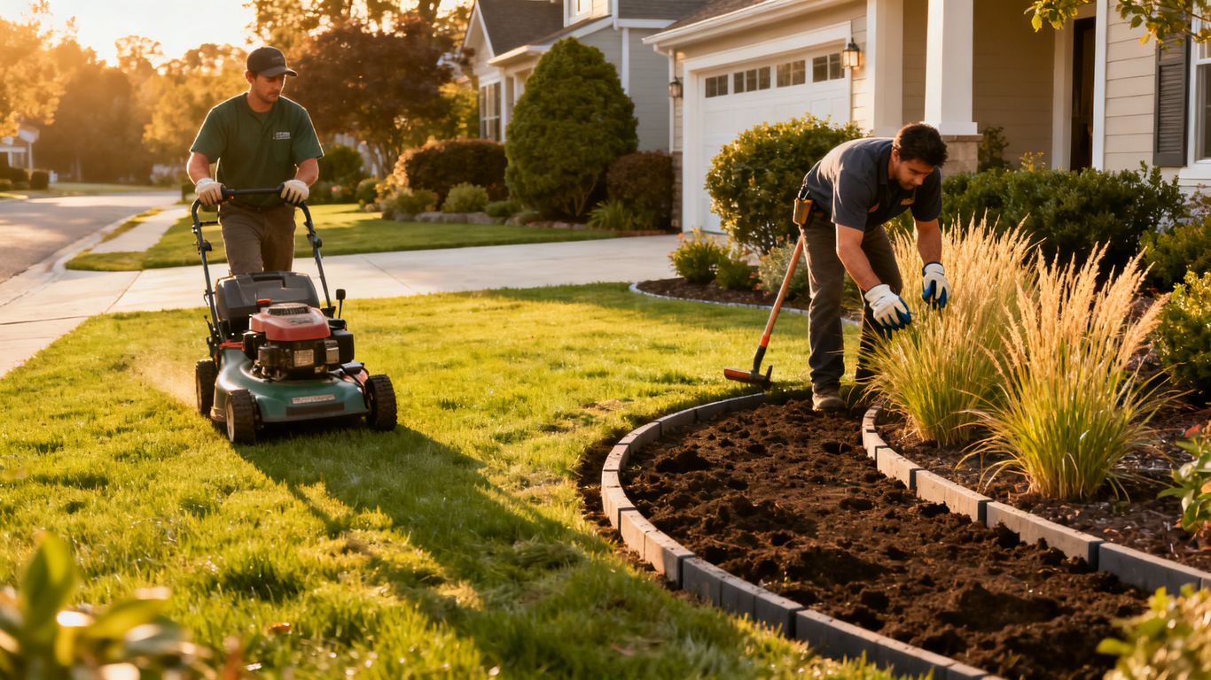Landscaping crew caring for a suburban yard