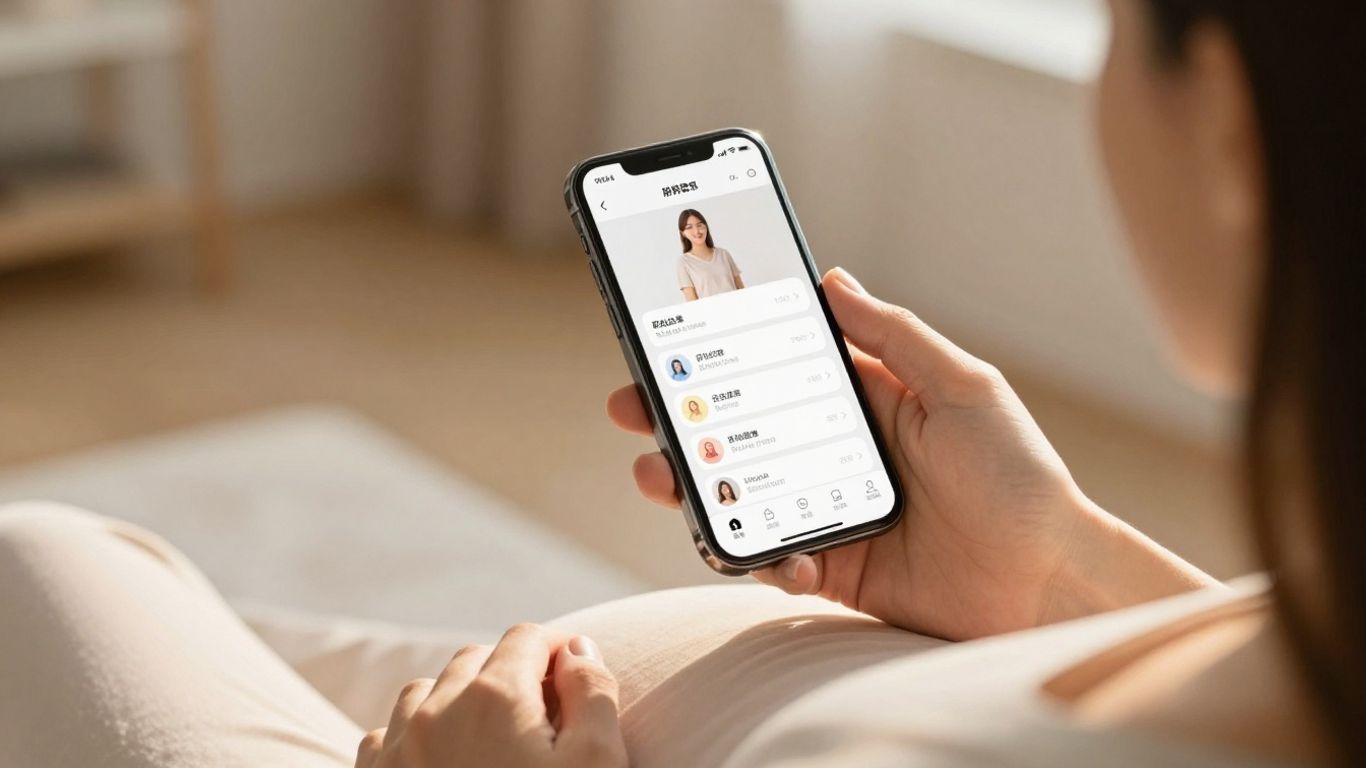 Mujer embarazada usando la aplicación iPregnant en su teléfono.