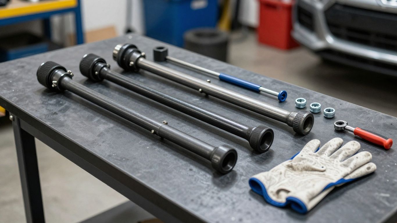 Replacement steering rack and tools on workshop bench