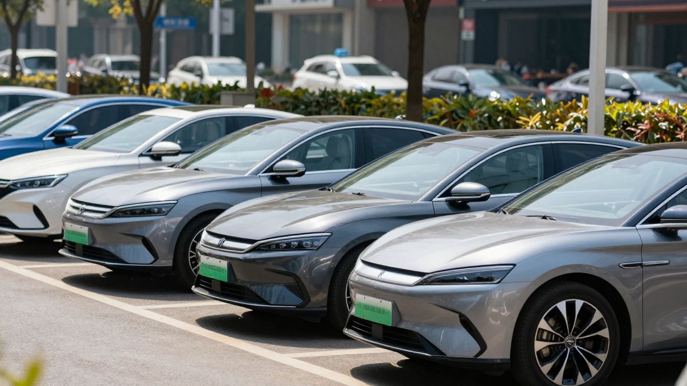 Chinese cars parked on a street