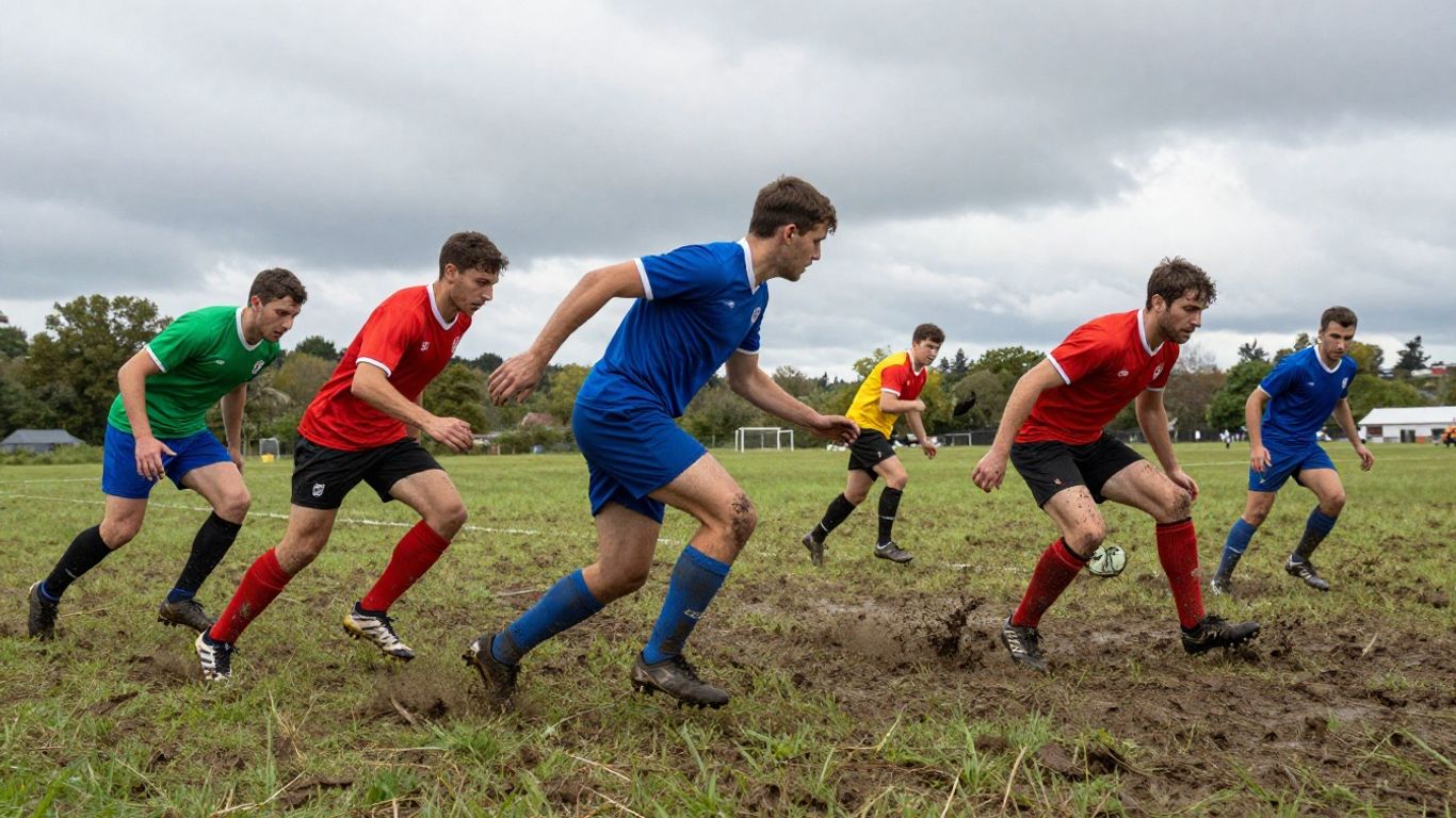 Players in a muddy field during a tough match.