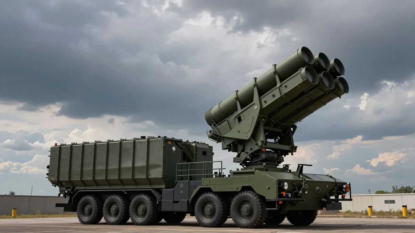 Sistem de apărare aeriană modern cu radar și lansatoare de rachete.