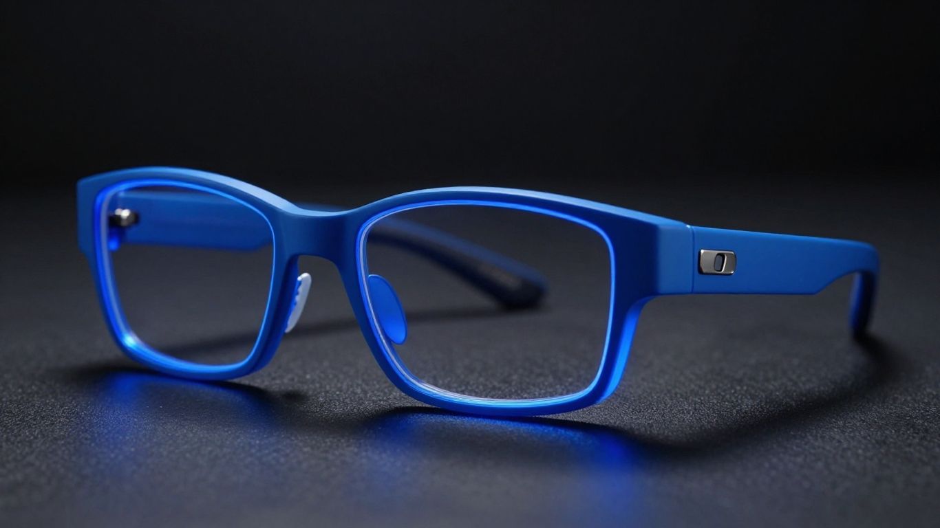 Óculos gamer com luz LED azul brilhante.