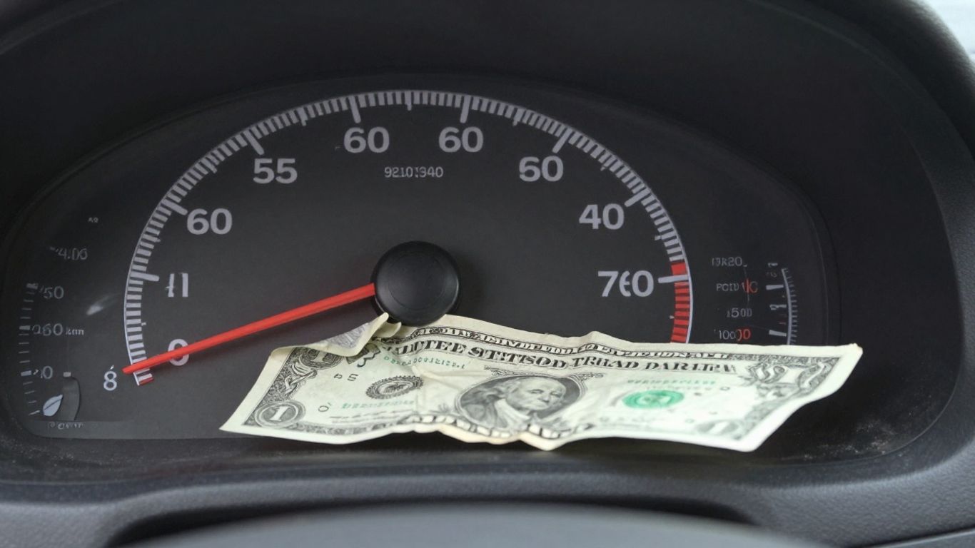 Speeding ticket on car dashboard with crumpled money.