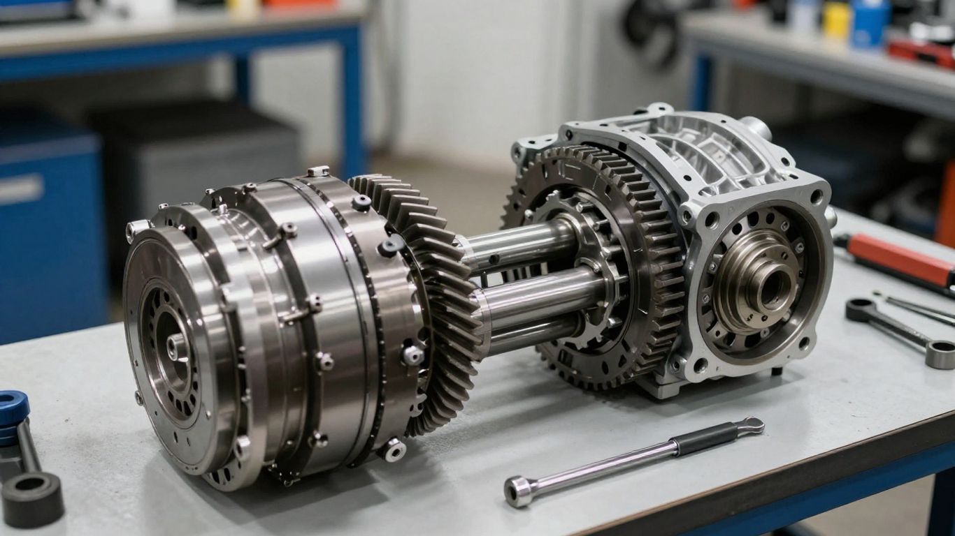 Dual clutch transmission components in workshop