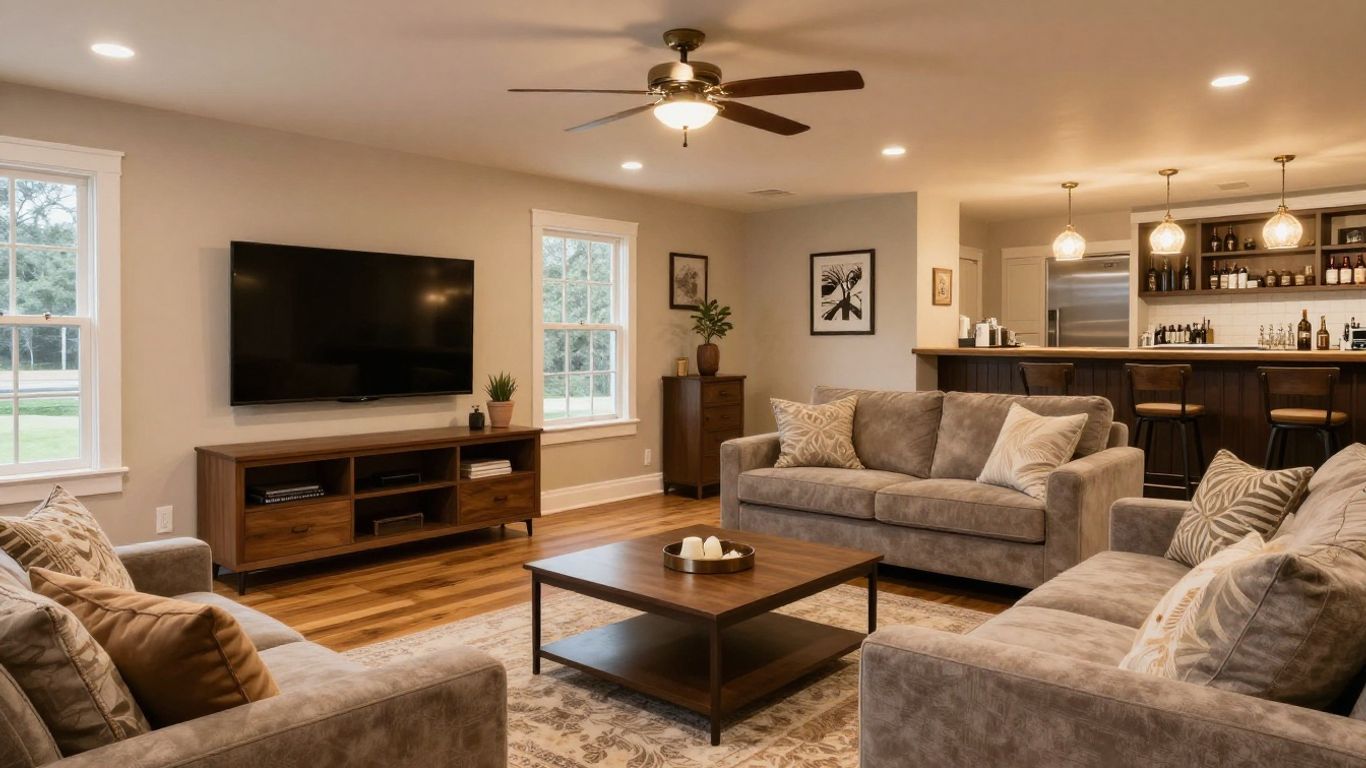 Finished basement living area with bar and entertainment center.