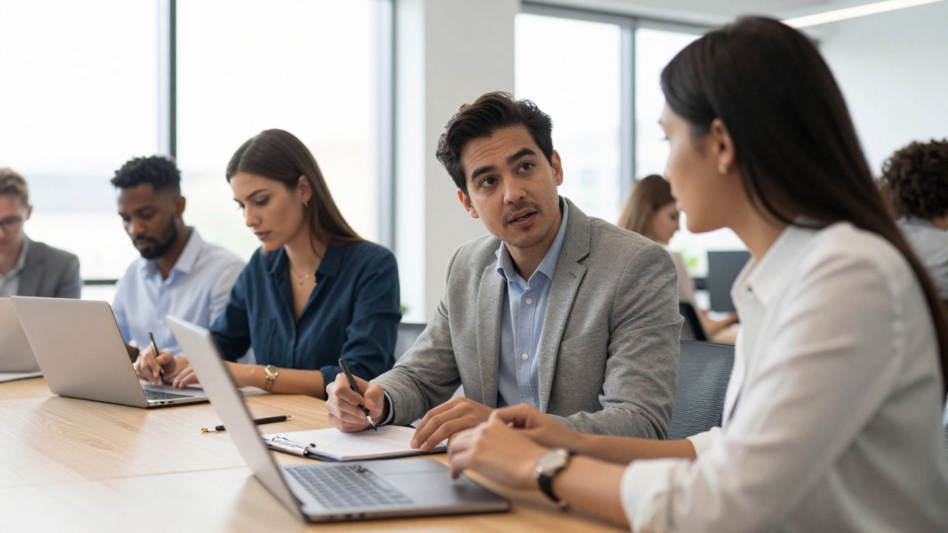 Employees discussing career goals in a bright meeting room