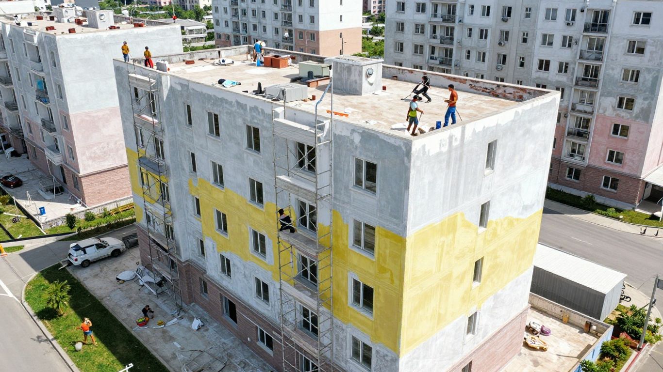 Painters working on multi unit apartment repaint in summer