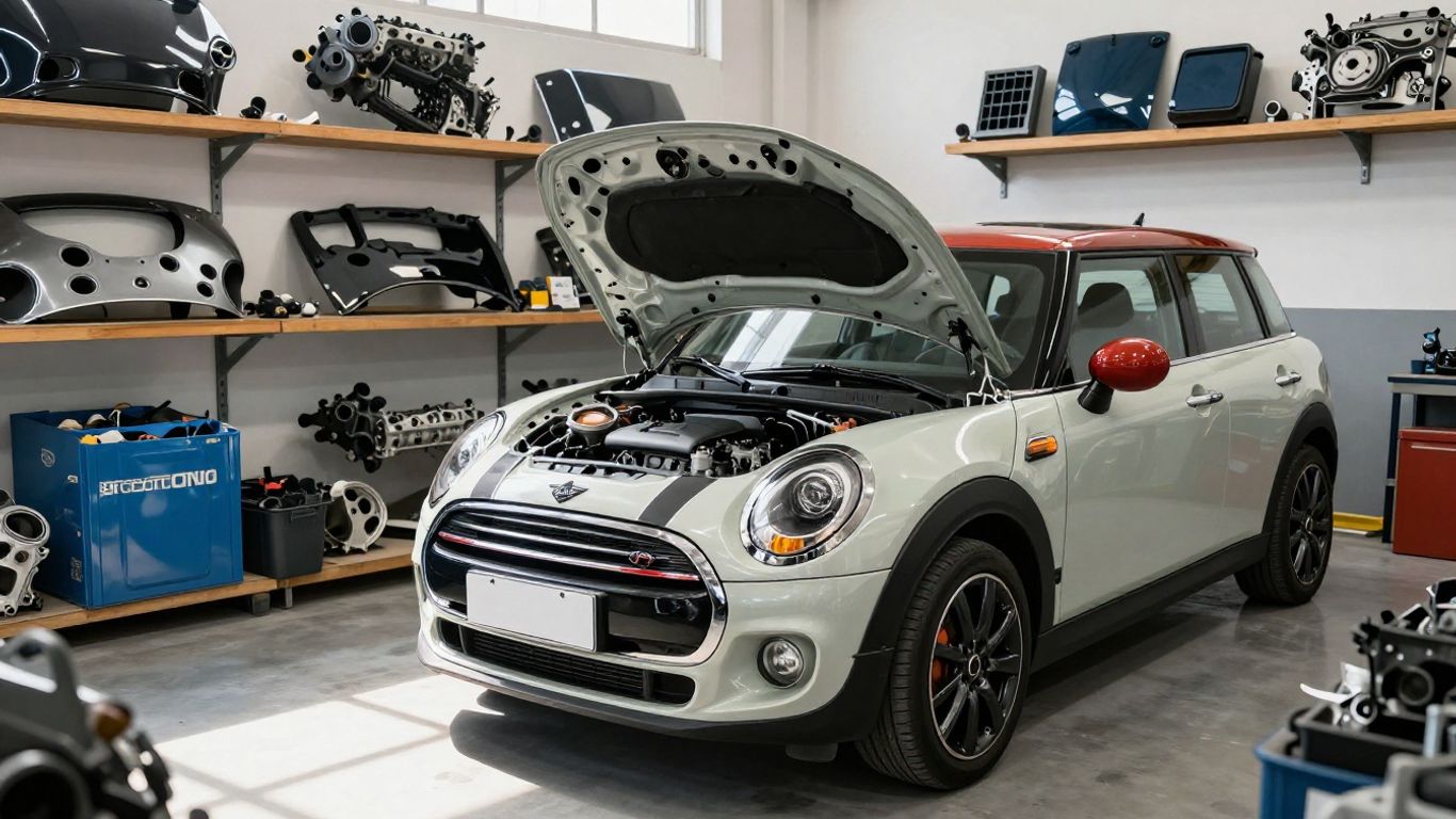 Mini Cooper Clubman parts in a workshop