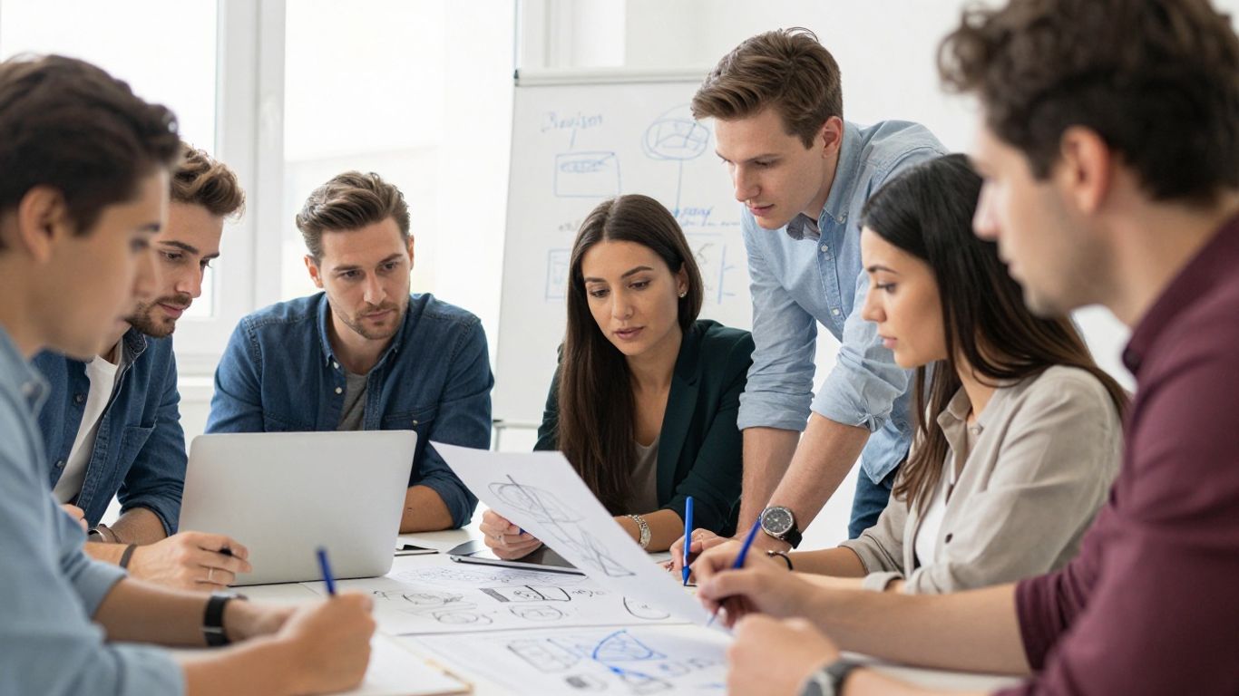 Menschen arbeiten an neuen Ideen mit Stiften und Notizblöcken.