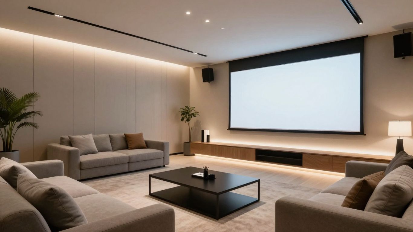Cozy media room with large screen and comfortable seating.