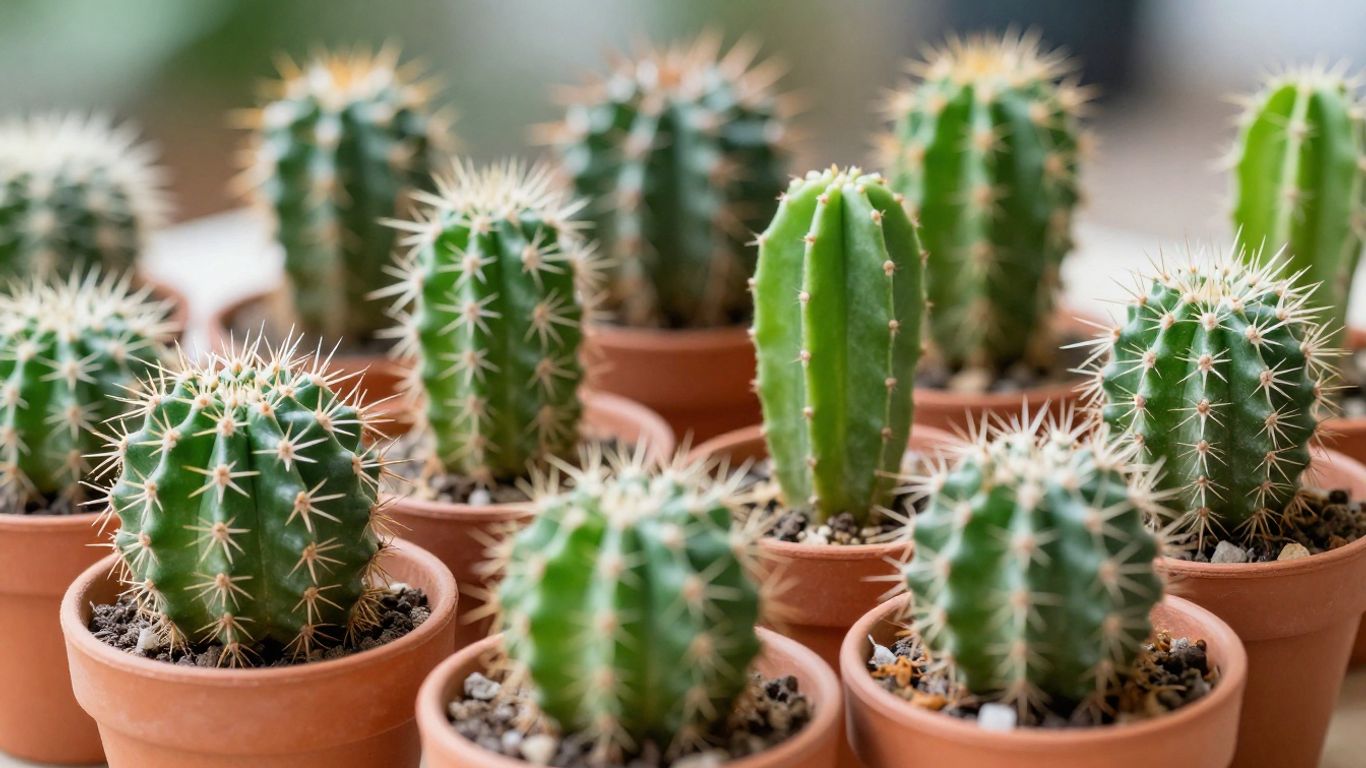 Mini jardín de cactus en macetas con sustrato y drenaje.