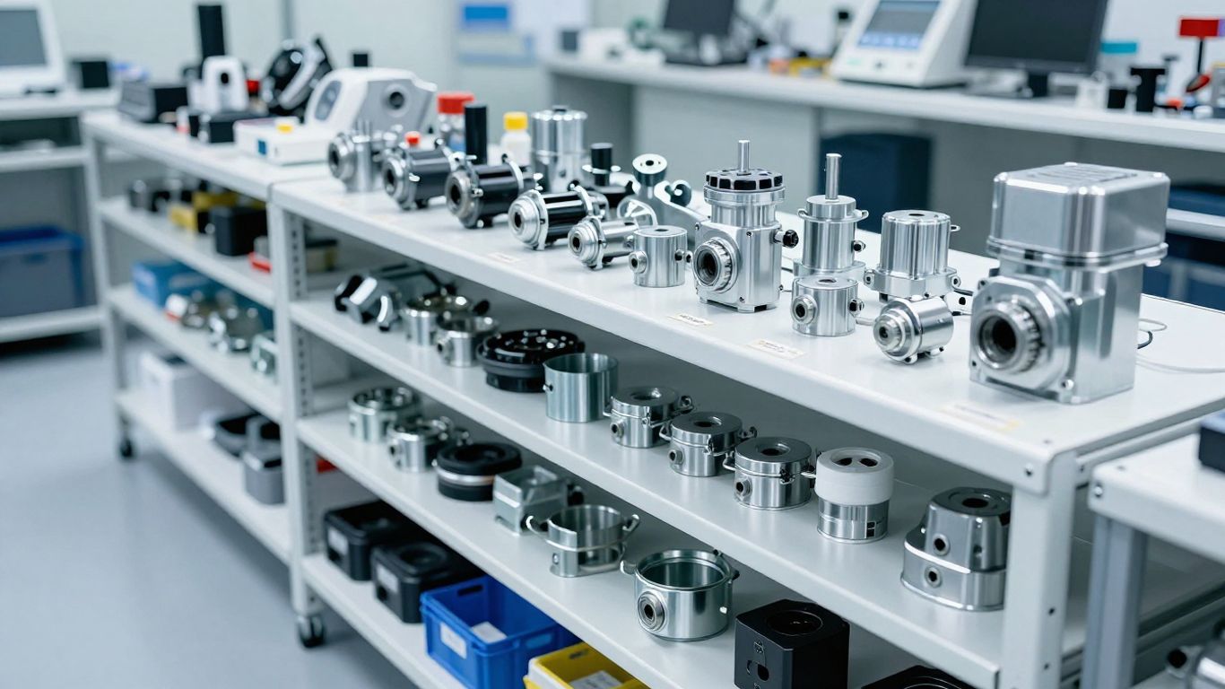 A technician organizes automotive replacement parts on metal shelves
