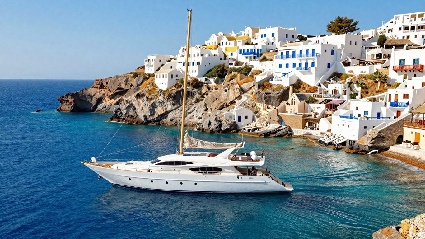 Sailing yacht in the Aegean Sea near Greek islands.