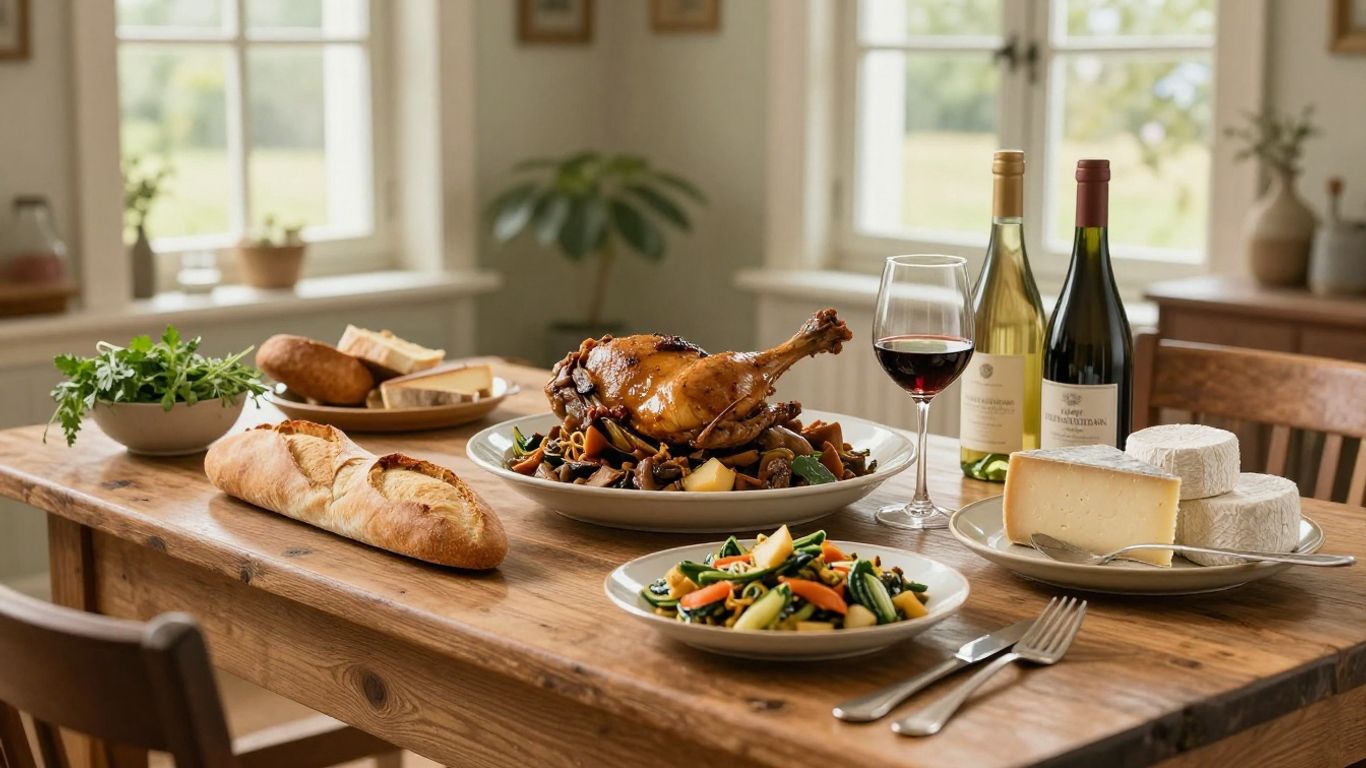 Traditional French dishes on rustic table with regional ingredients.